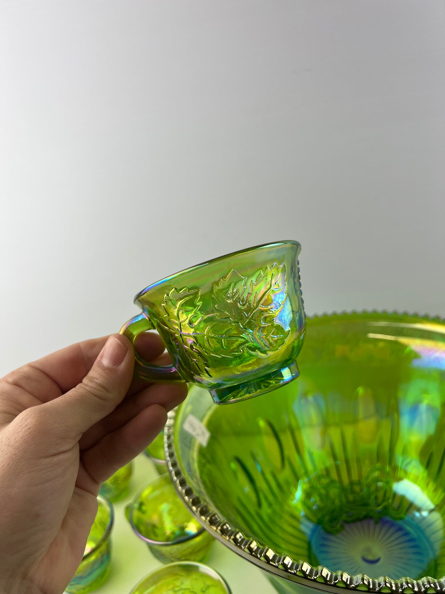 Green Carnival Glass Punch Bowl Set – 12 Cups, Ladle & Hooks