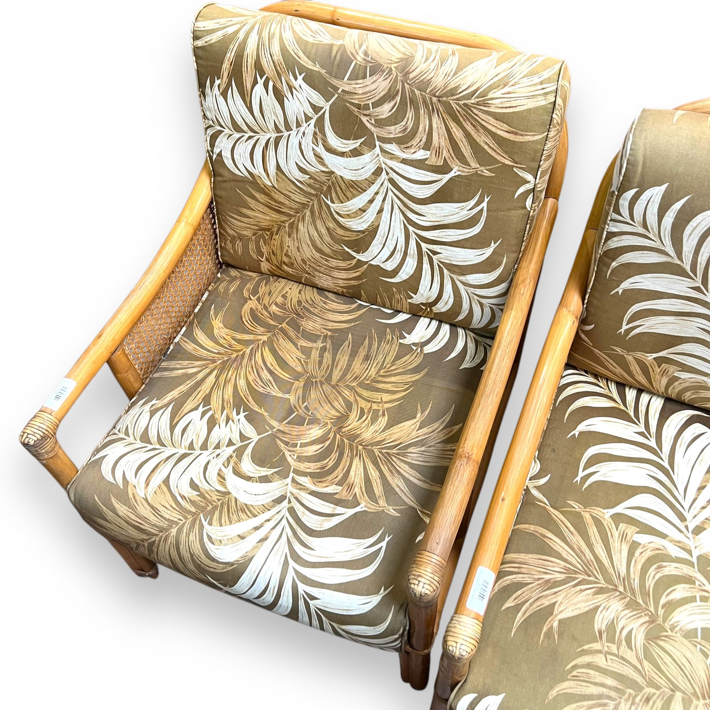 Cane Lounge Chair with brown palm print cushions