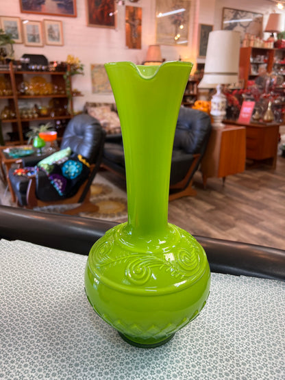 Lime Green Art Glass Ewer Vase with Clear Applied Handle – Decorative Scroll Detail