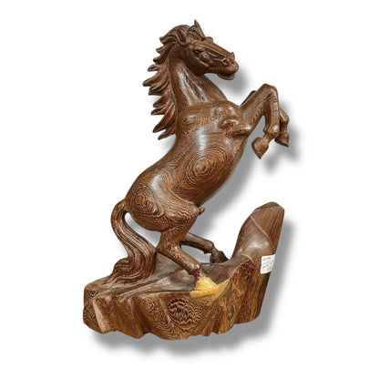 Large Hand-Carved Wooden Rearing Horse Sculpture