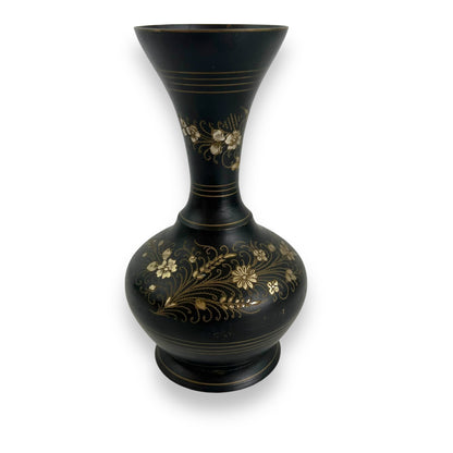 Black metal vase with gold etched flower design