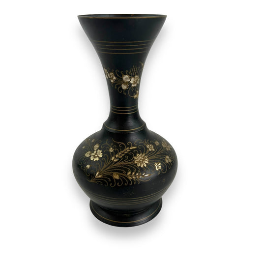 Black metal vase with gold etched flower design