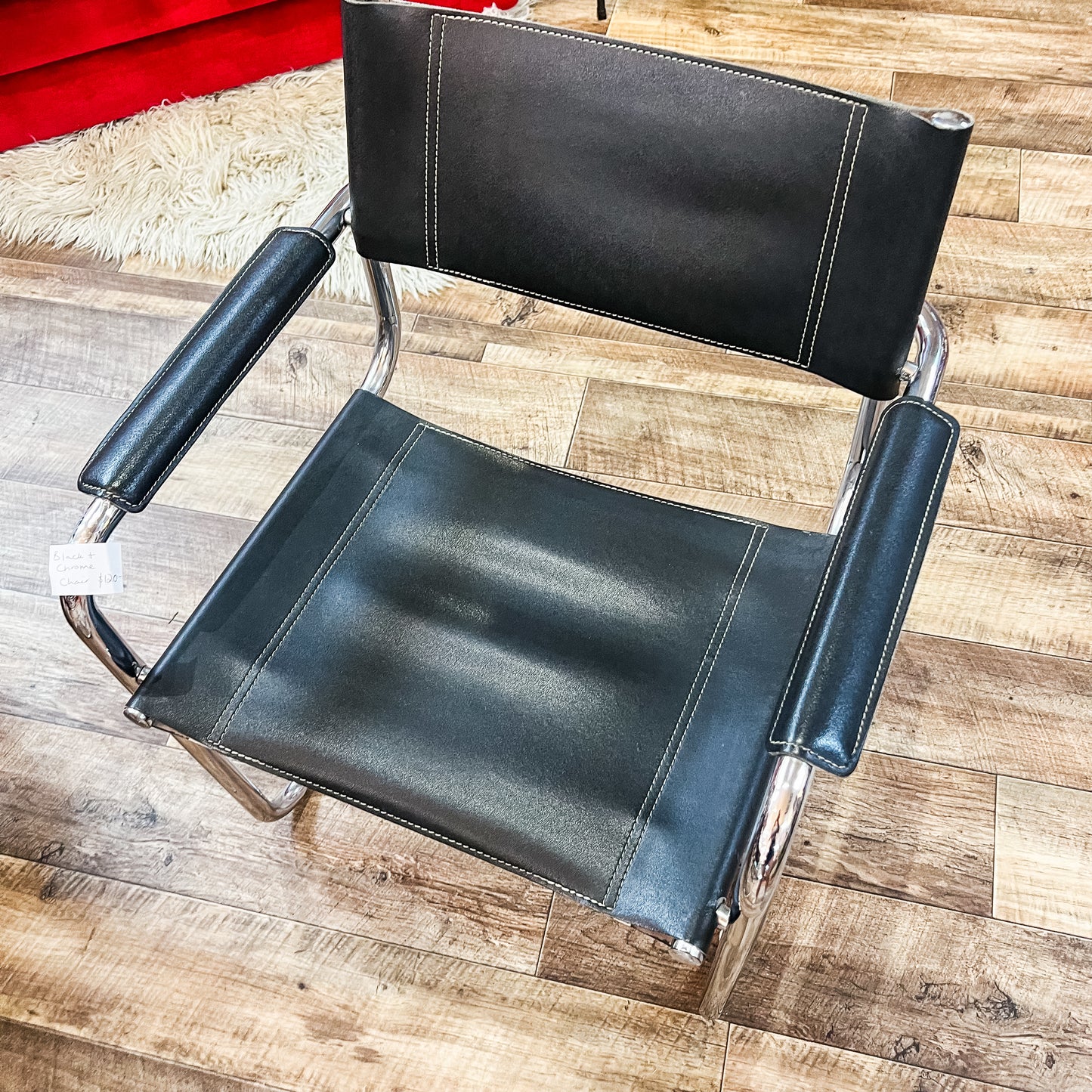 Black Leather & Chrome Cantilever Armchair