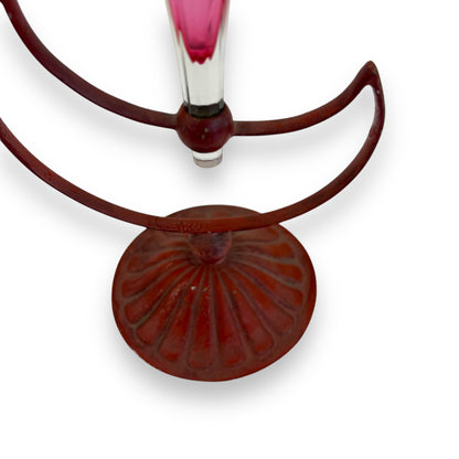Victorian Cranberry Glass Jack-in-the-Pulpit Vase with Metal Moon Stand (1850-1899)