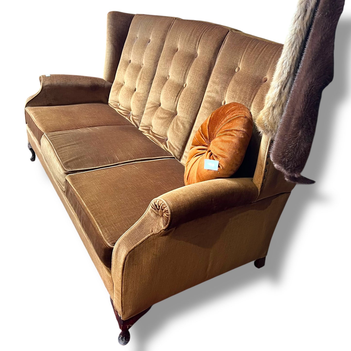 Golden Brown Velvet 3-Seater Sofa with Button Back