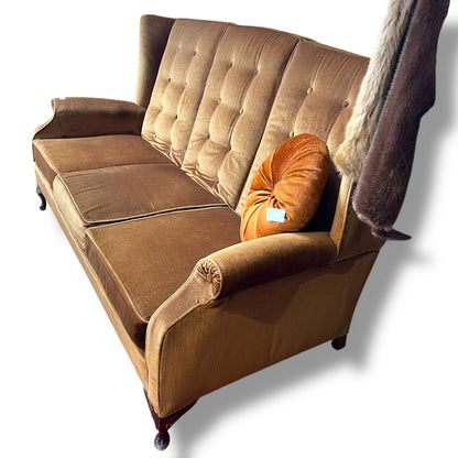 Golden Brown Velvet 3-Seater Sofa with Button Back