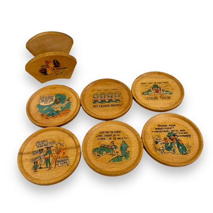 Vintage Wooden Novelty drink coaster set in holder