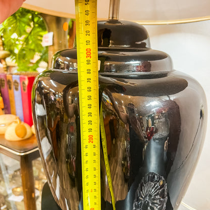 Black Glazed Ceramic Table Lamp with Grey Shade