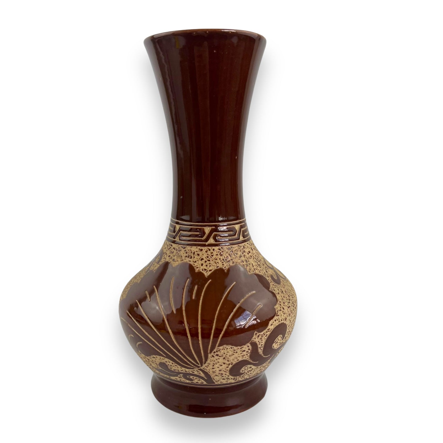 Large brown flower etched vase