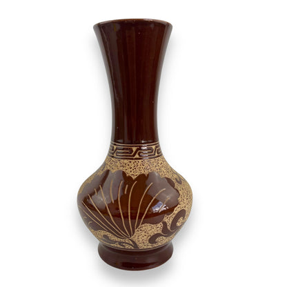 Large brown flower etched vase