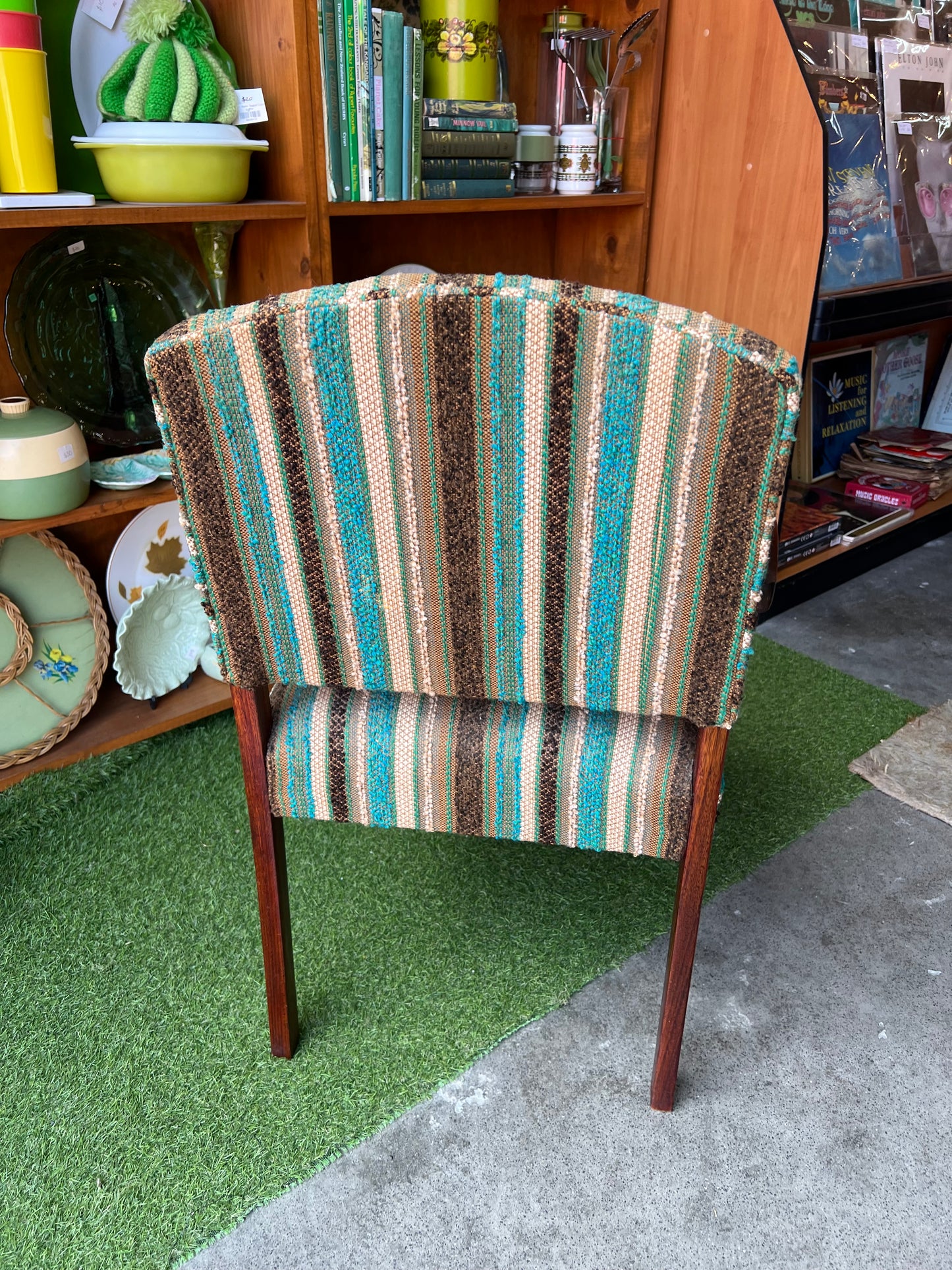 Occasional Armchair with Sculptural Timber Frame & Retro Stripe Upholstery