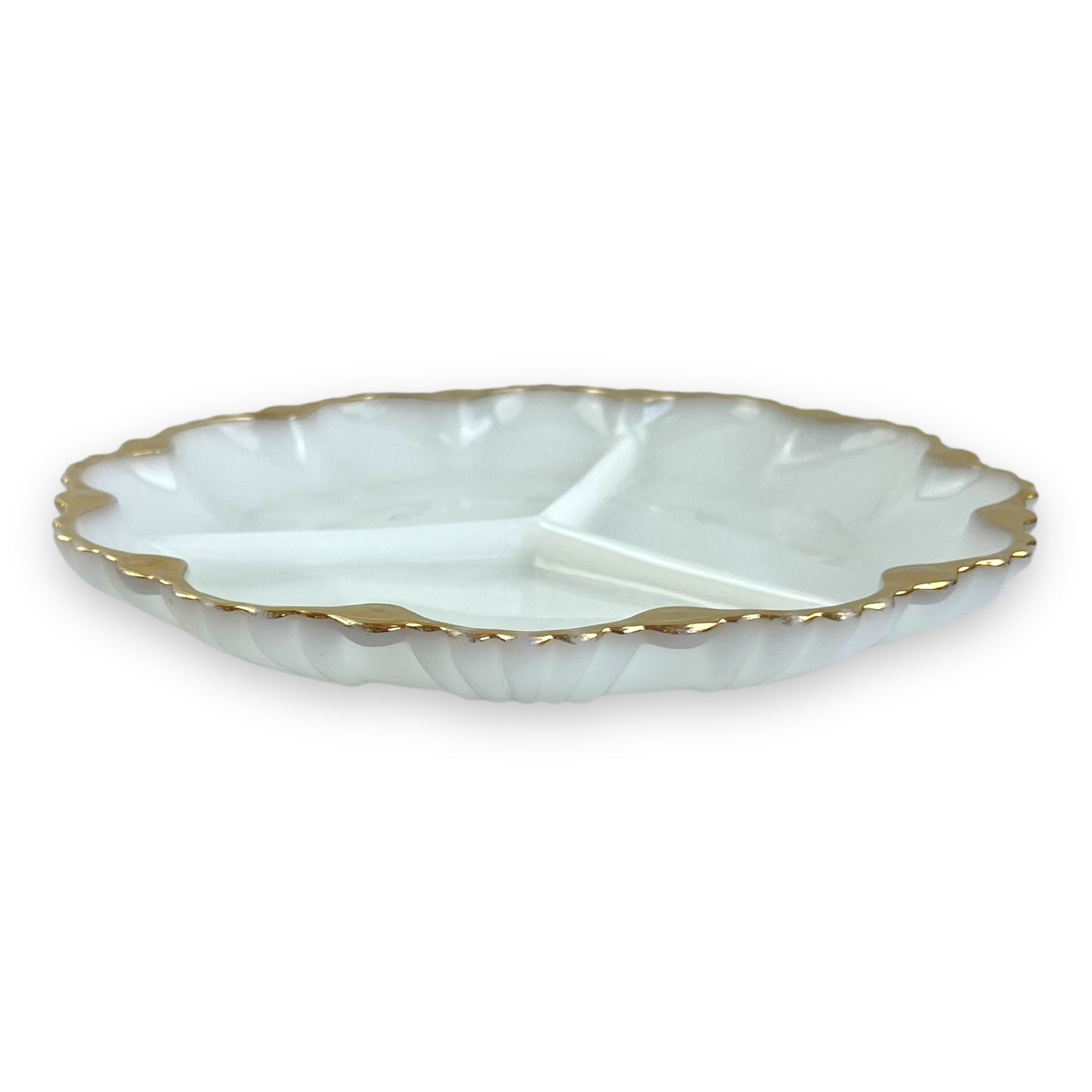 Milk Glass Divided Plate with Gold Trim - Scalloped Edge