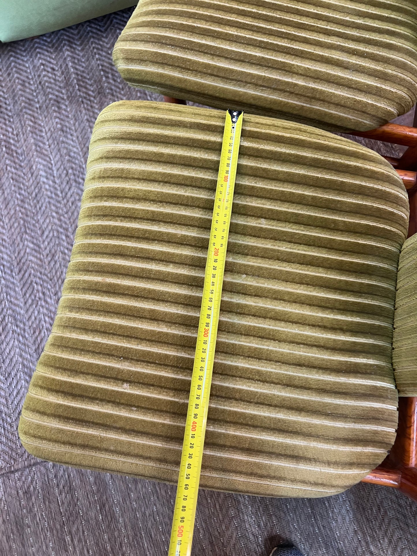 Set of 6 Vintage Burgess Dining Chairs | Mid Century Timber & Green Velvet