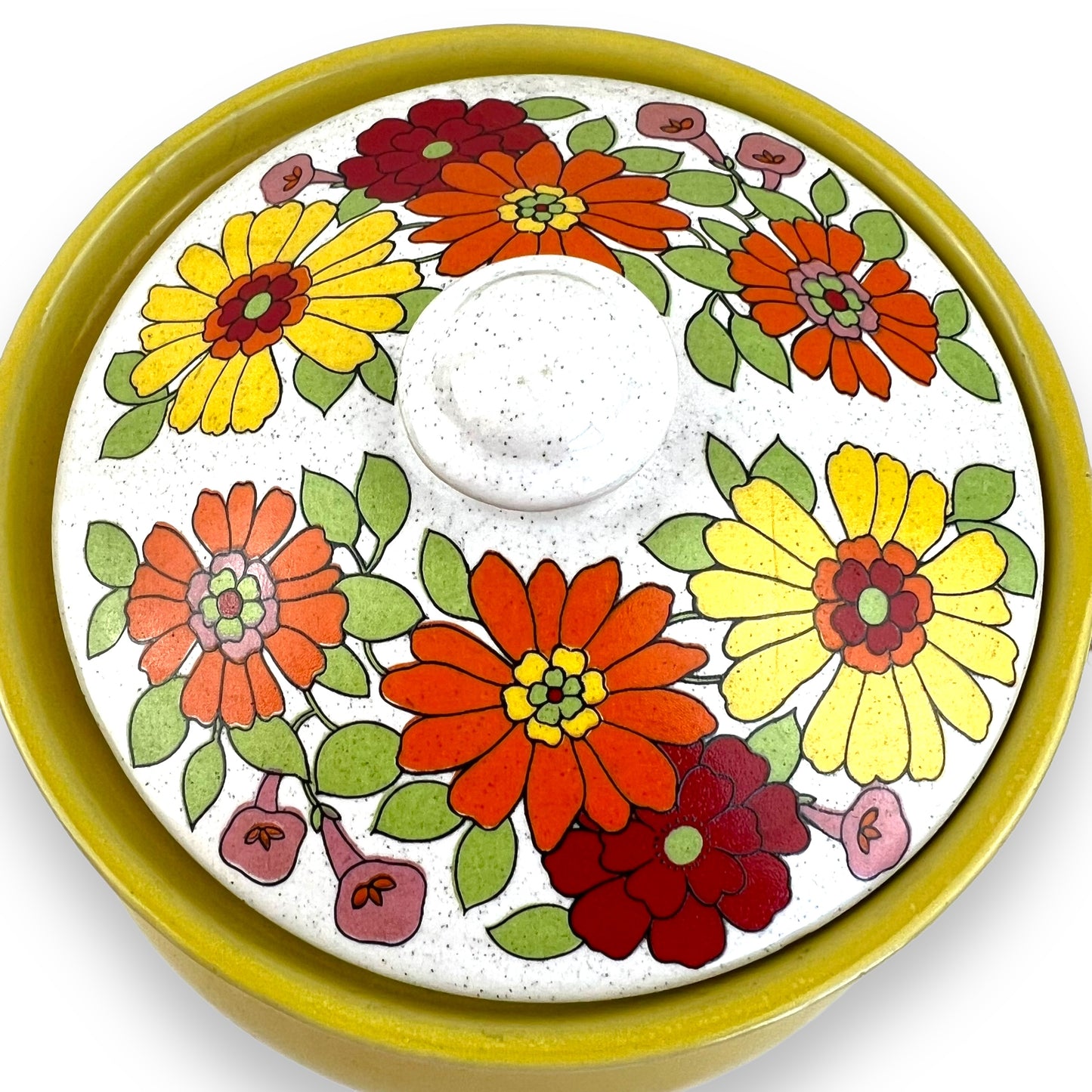 Colourful flower yellow fondue pot with lid