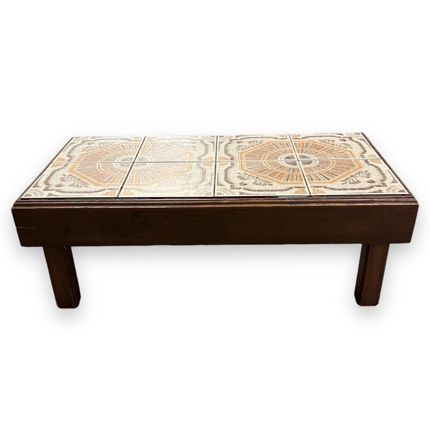 Large tile coffee table orange and brown retro pattern tiles wooden frame