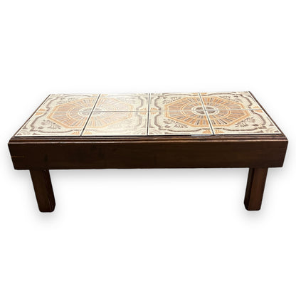 Large tile coffee table orange and brown retro pattern tiles wooden frame