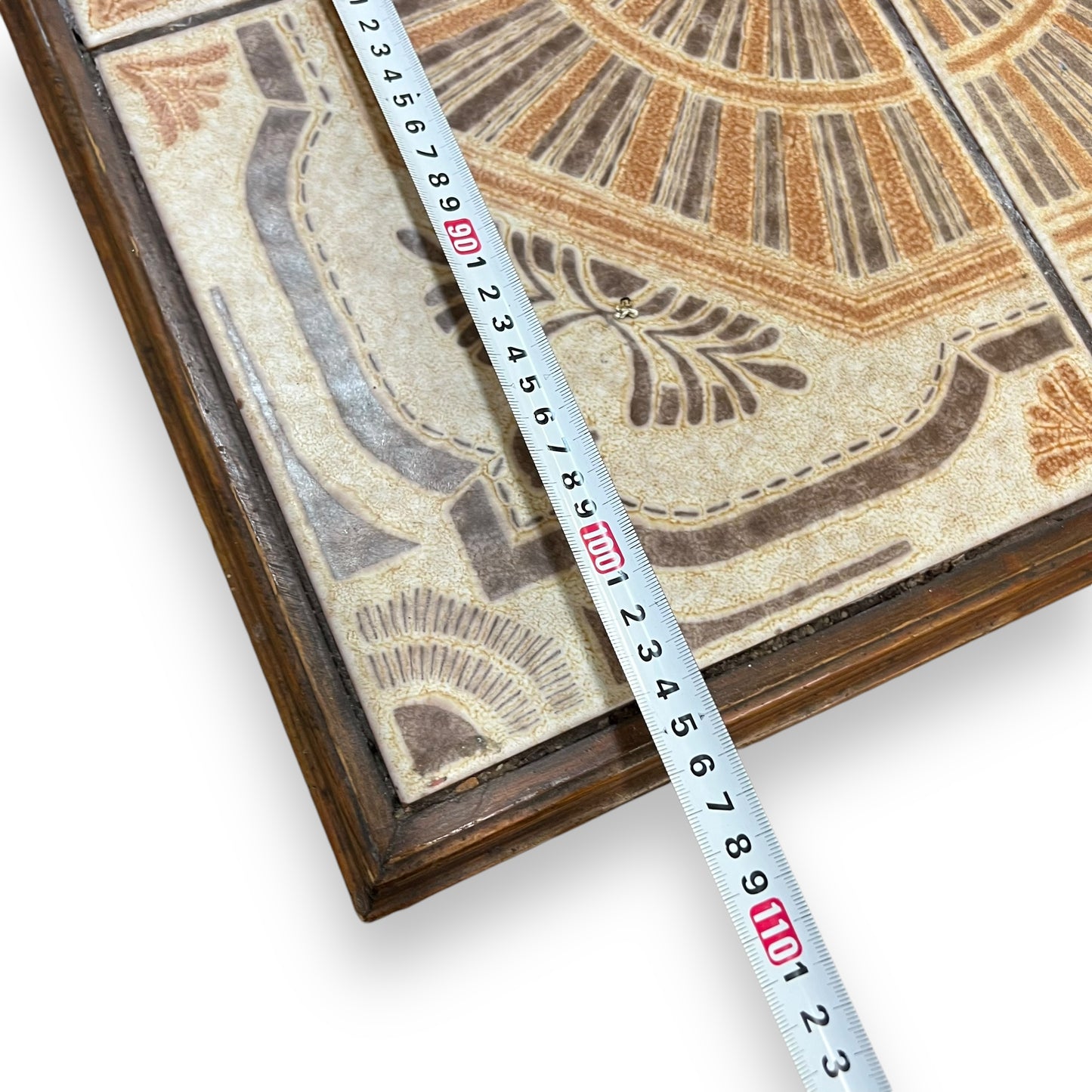 Large tile coffee table orange and brown retro pattern tiles wooden frame
