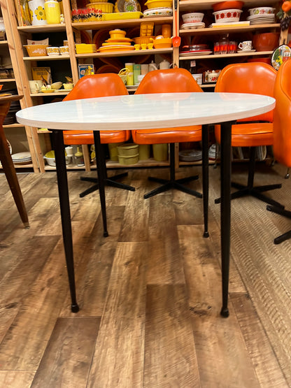 Namco Round Mid Century Dining Table with White Woodgrain Laminate Top and black steel legs