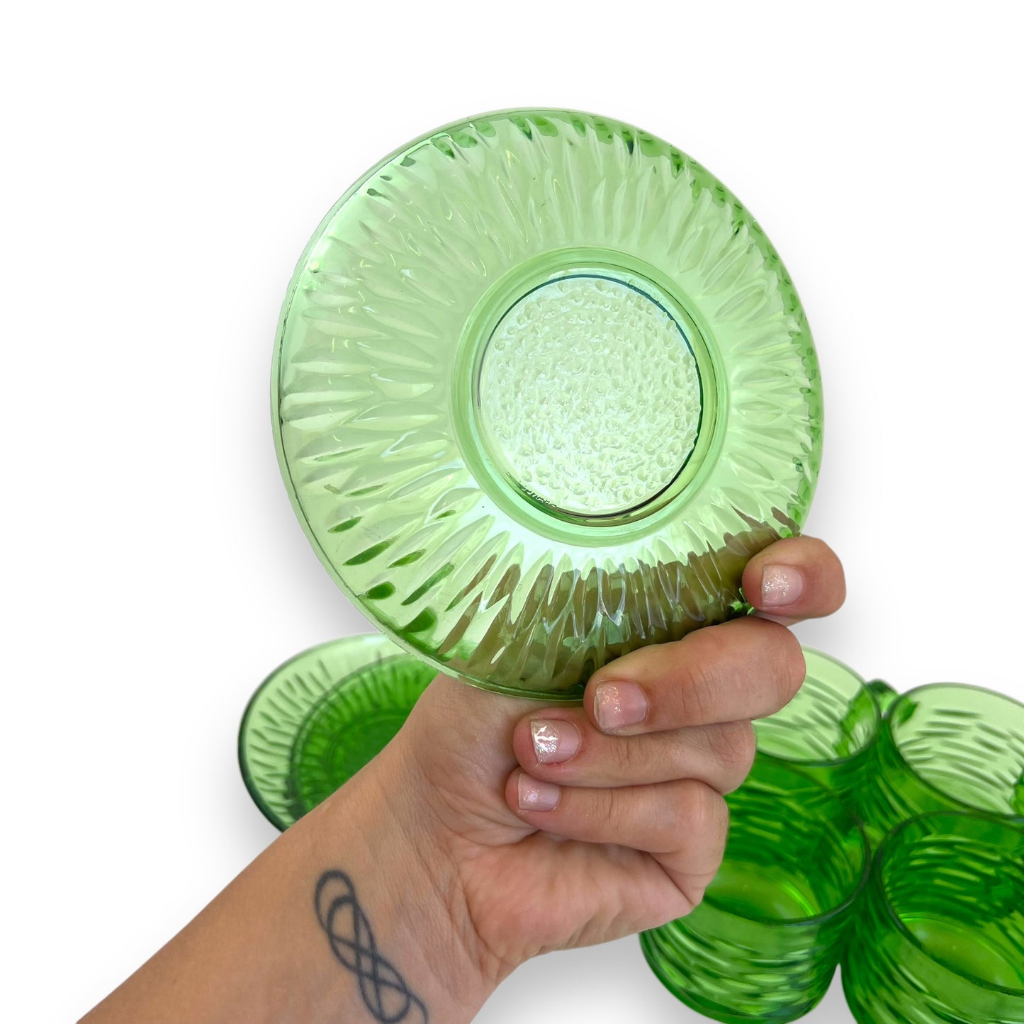 Green glass teacups x6 and 5 matching source plates - made in France