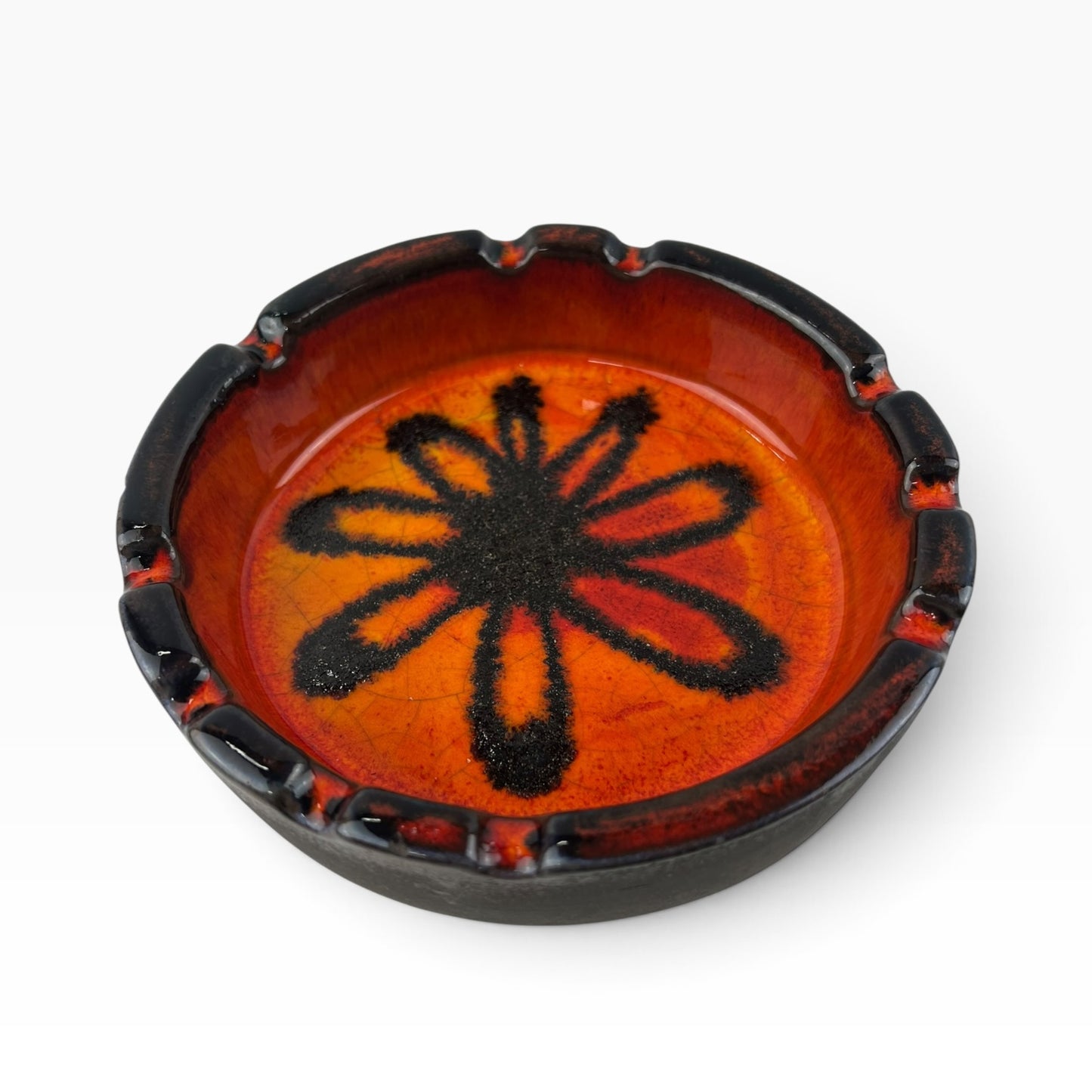Ellis Pottery Ashtray – Orange & Black Flower Design