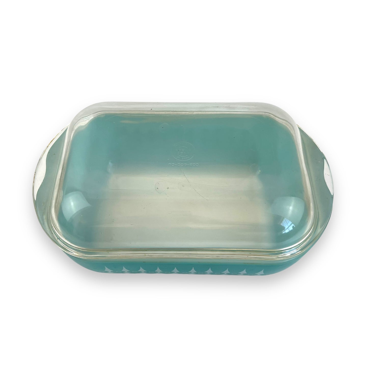 Pyrex Australia Turquoise Casserole Dish with Picket Fence Spear Pattern & Clear Glass Lid COB-600