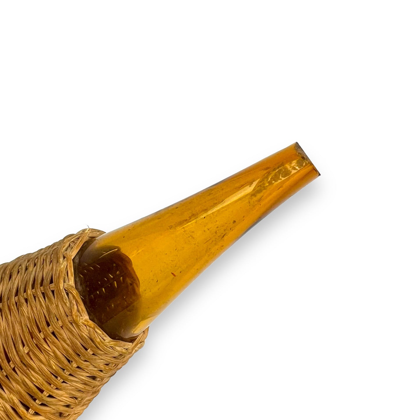 Vintage 1950s Amber Glass Woven Rattan Porron Spanish Decanter - Missing Stopper