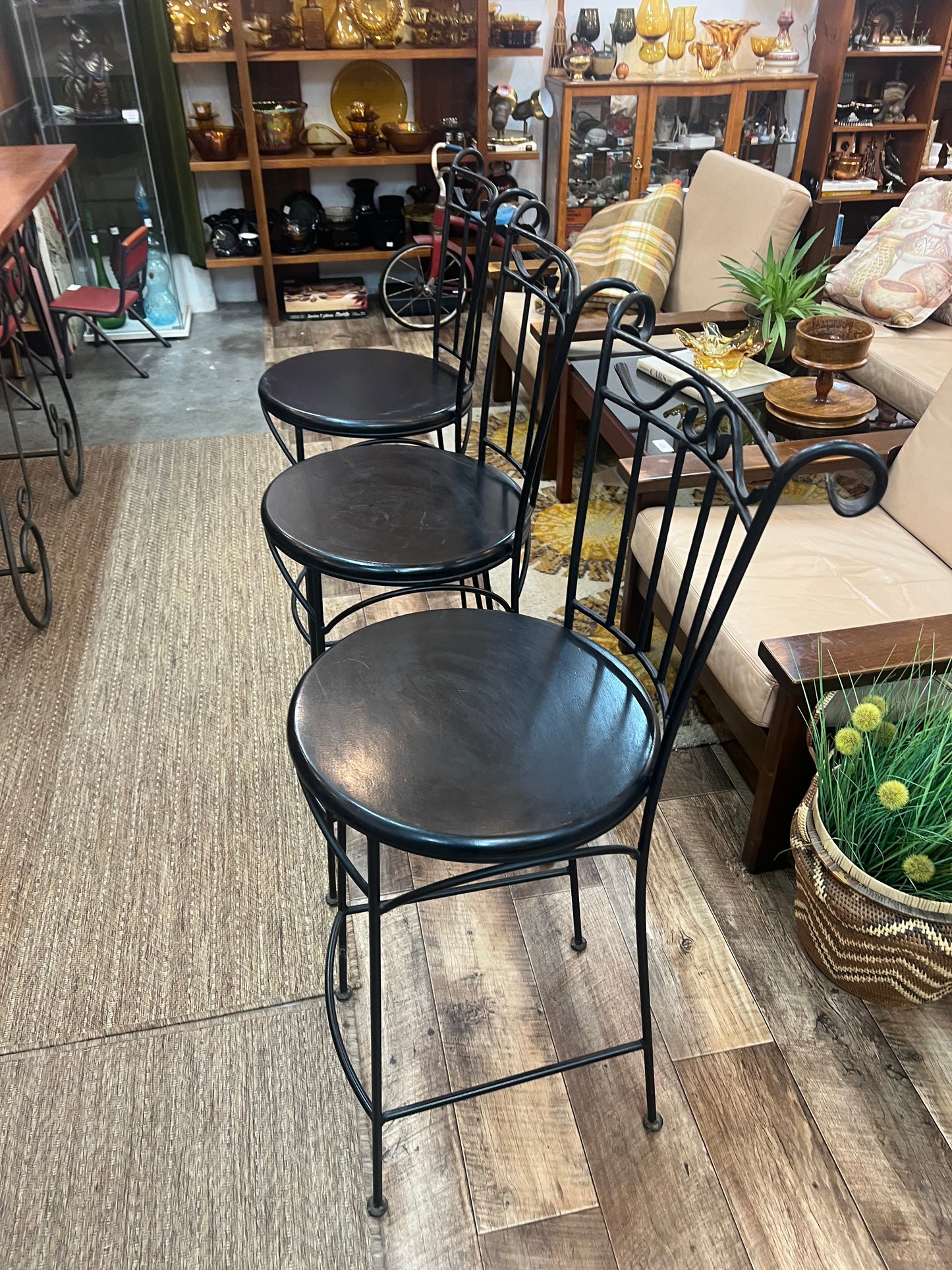 Set of 3 Black Vintage Wrought Iron Bar Stools