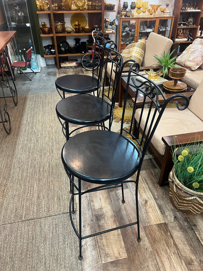 Set of 3 Black Vintage Wrought Iron Bar Stools