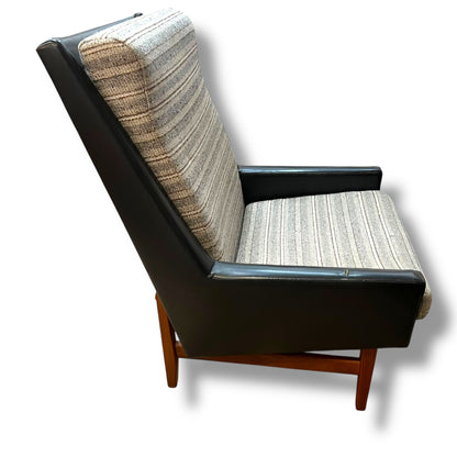 Fler ‘Flerclub’ High Back Armchair – Mid-Century Modern, Vinyl & Striped Fabric, Teak Base