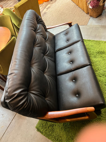Black Vinyl 3-Seater Lounge with Timber Arms