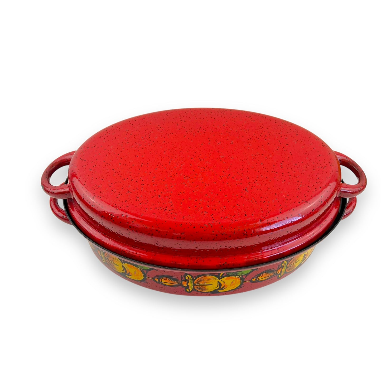Red Enamelware Dutch Oven – Hand-Painted Fruit Motif, Two-Piece Roasting Pan