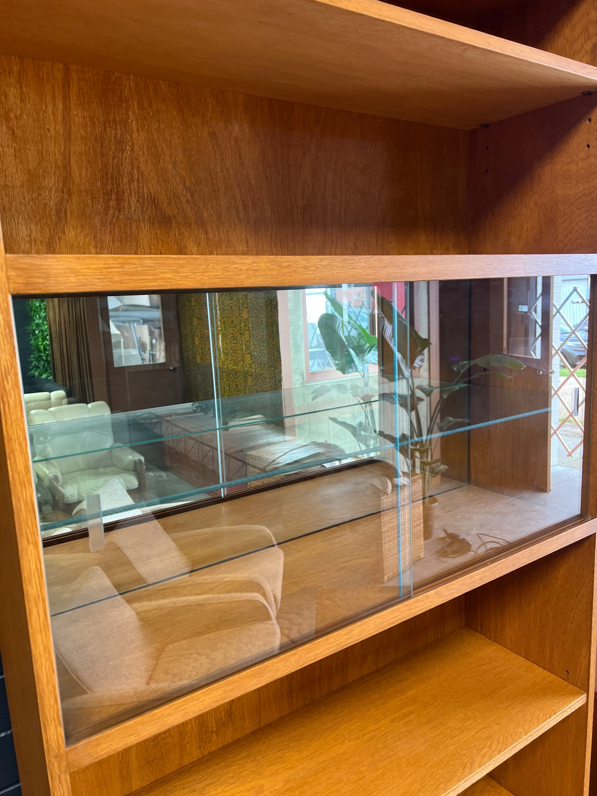 Mid-Century Display Cabinet with Glass Sliding Doors & bottom Storage cupboards