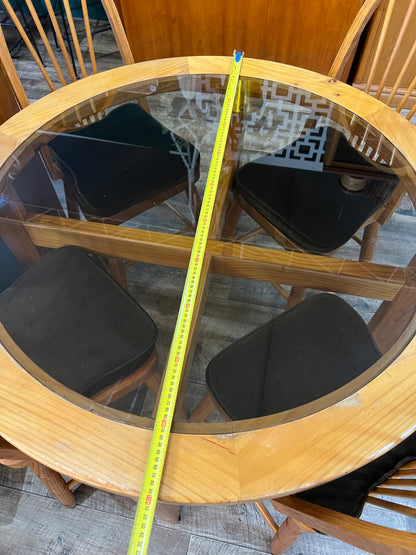 Wooden Round Glass Top Dining Table & 4 Chairs with brown velvet cushions