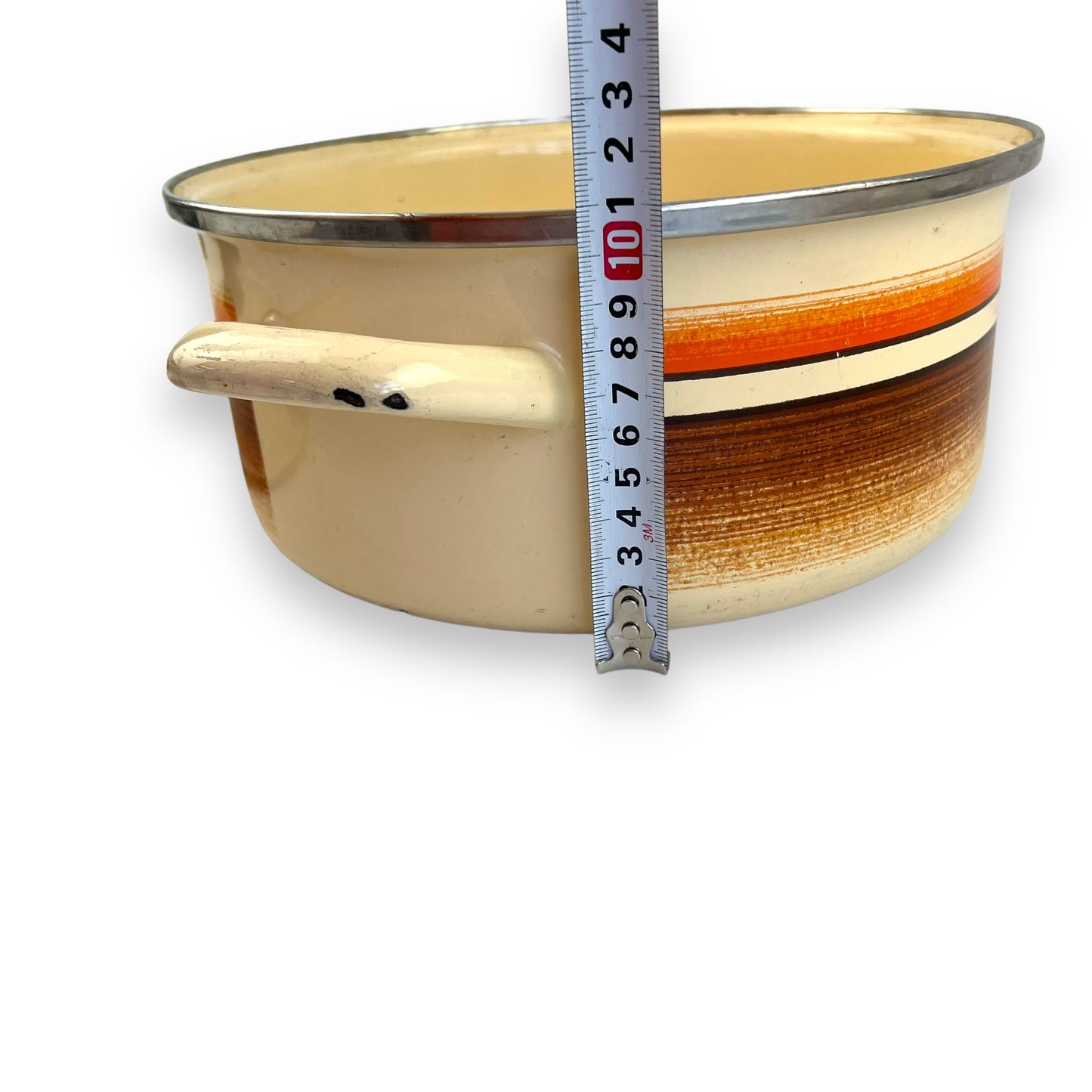 Orange and brown stripe cream coloured enamel cooking pot large