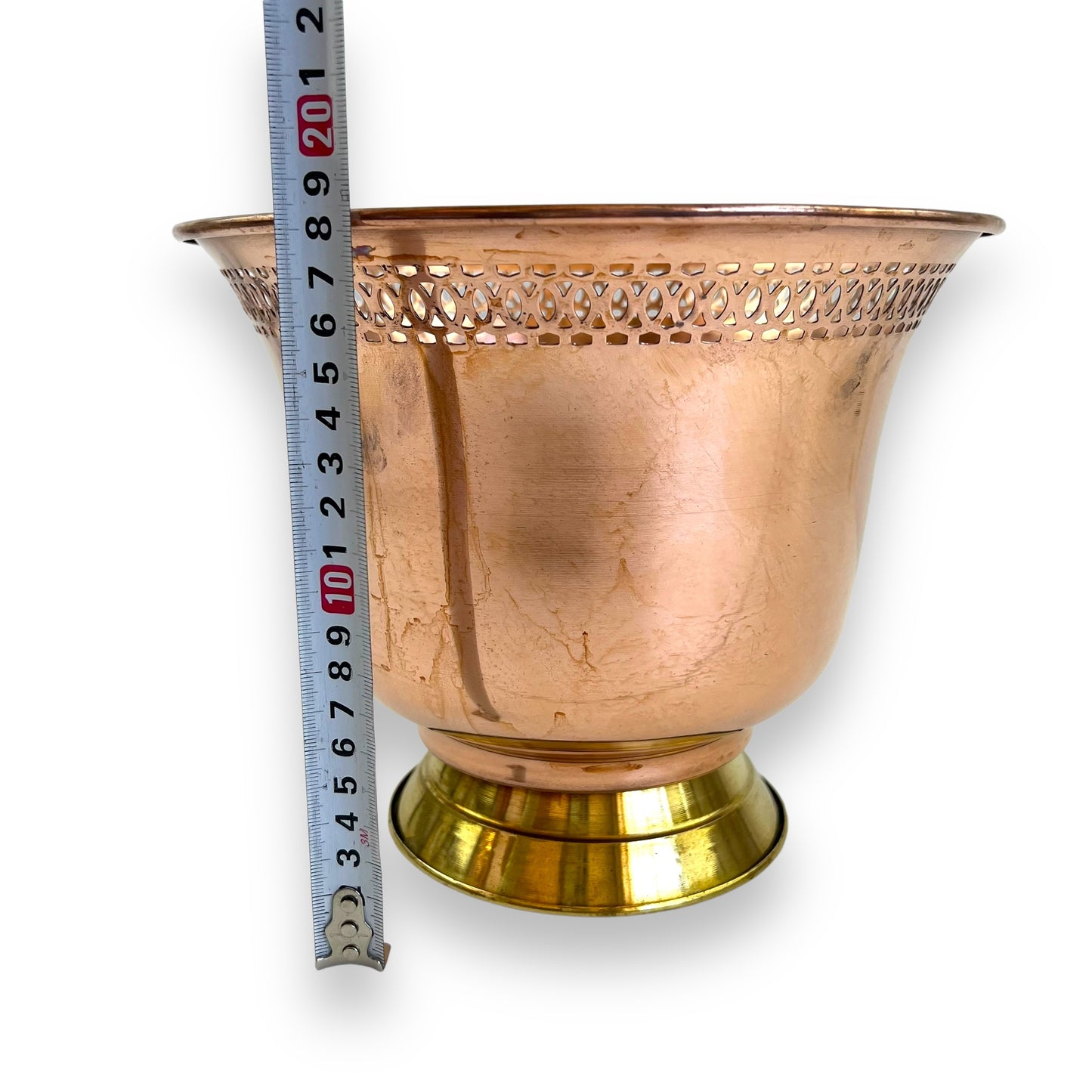 Copper Vase / Plant Pot with Intricate Cutout Design and Brass Base