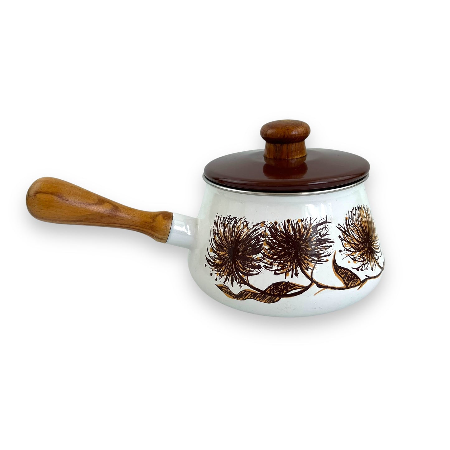 Brown Flower Enamel Fondue Pot with wooden handle