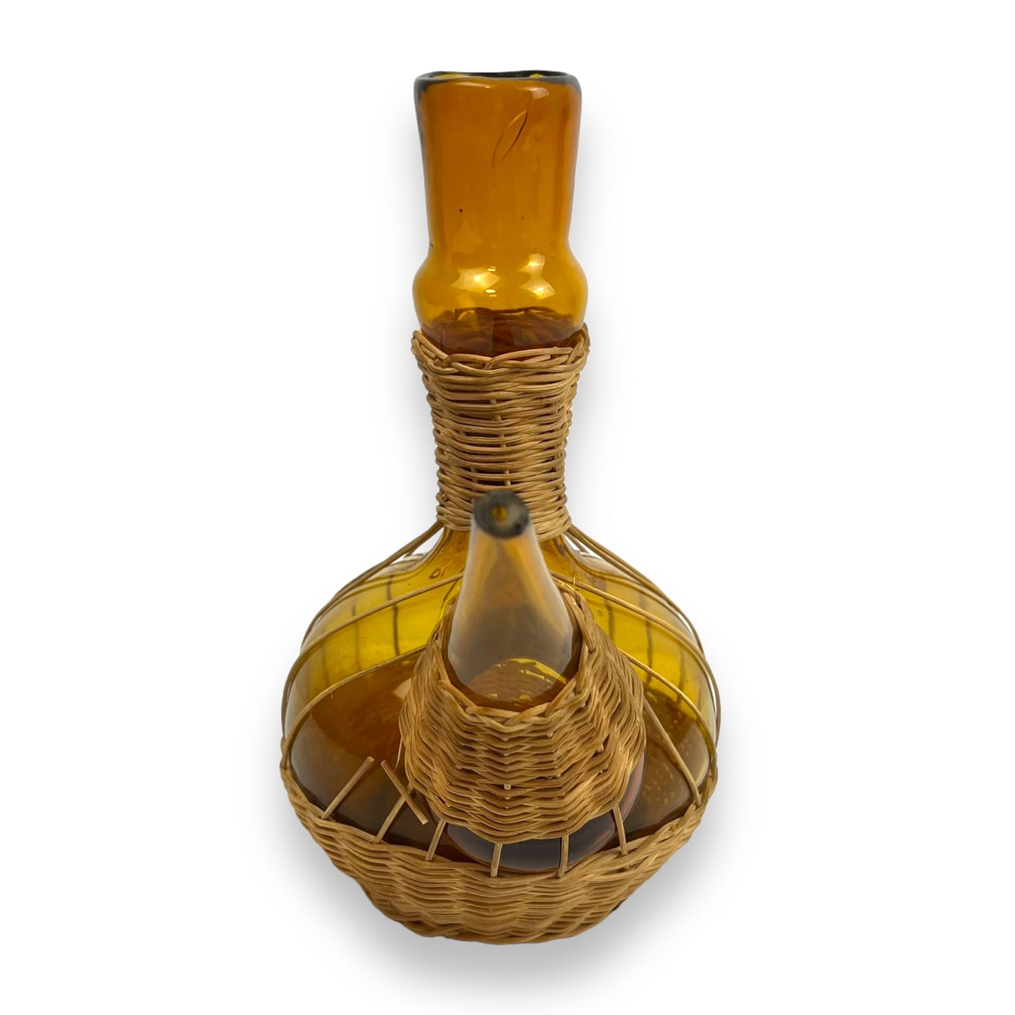 Vintage 1950s Amber Glass Woven Rattan Porron Spanish Decanter - Missing Stopper
