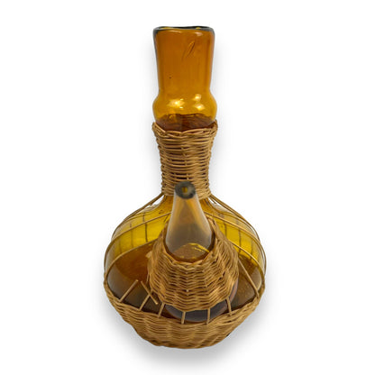 Vintage 1950s Amber Glass Woven Rattan Porron Spanish Decanter - Missing Stopper