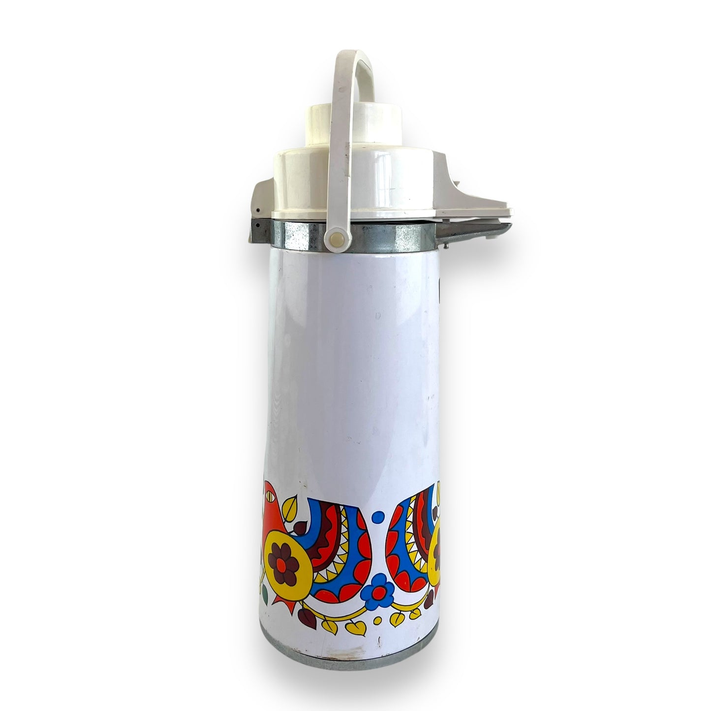 Airpot Thermos – White with Colorful Folk Art Bird Design
