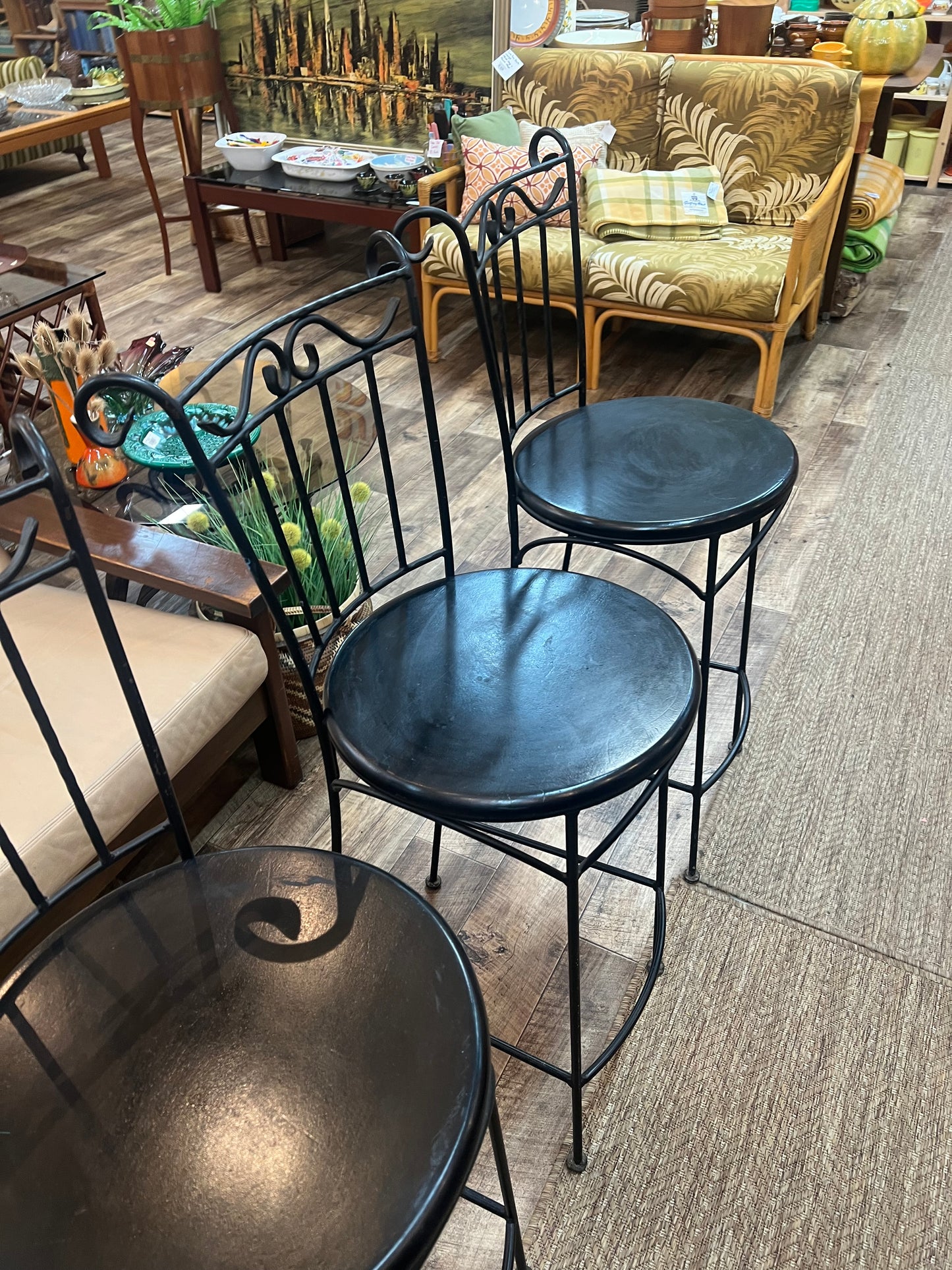 Set of 3 Black Vintage Wrought Iron Bar Stools