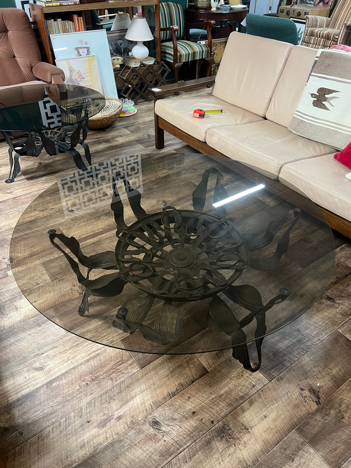 Large Brutalist Sculptural Metal & Smoked Glass Coffee Table  1.22m diameter