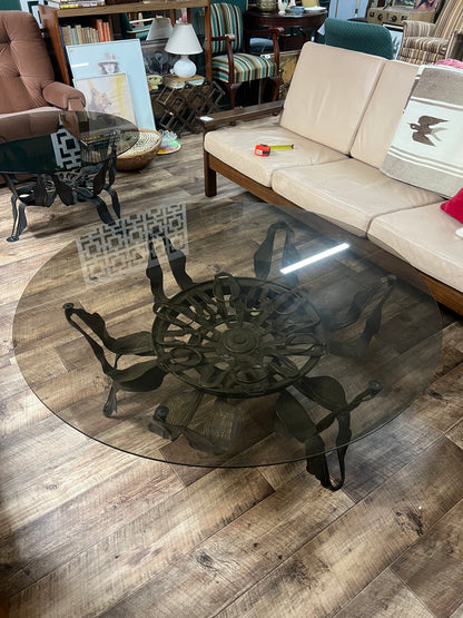 Large Brutalist Sculptural Metal & Smoked Glass Coffee Table  1.22m diameter