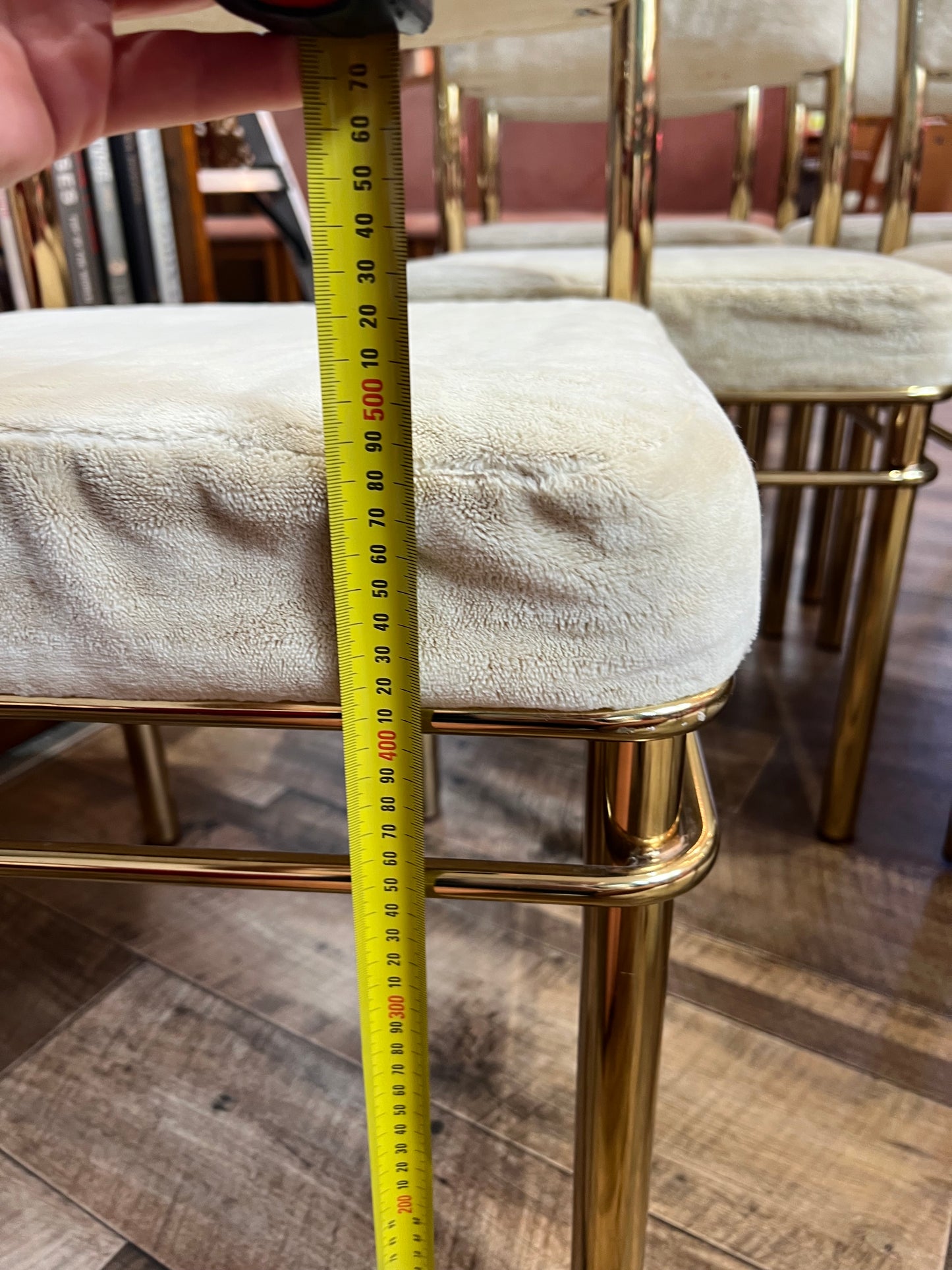 Brass & Smoked Glass Dining Table with 6 Chairs cream upholstery