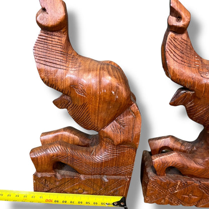 Hand-Carved Wooden Elephant Bookends — Pair