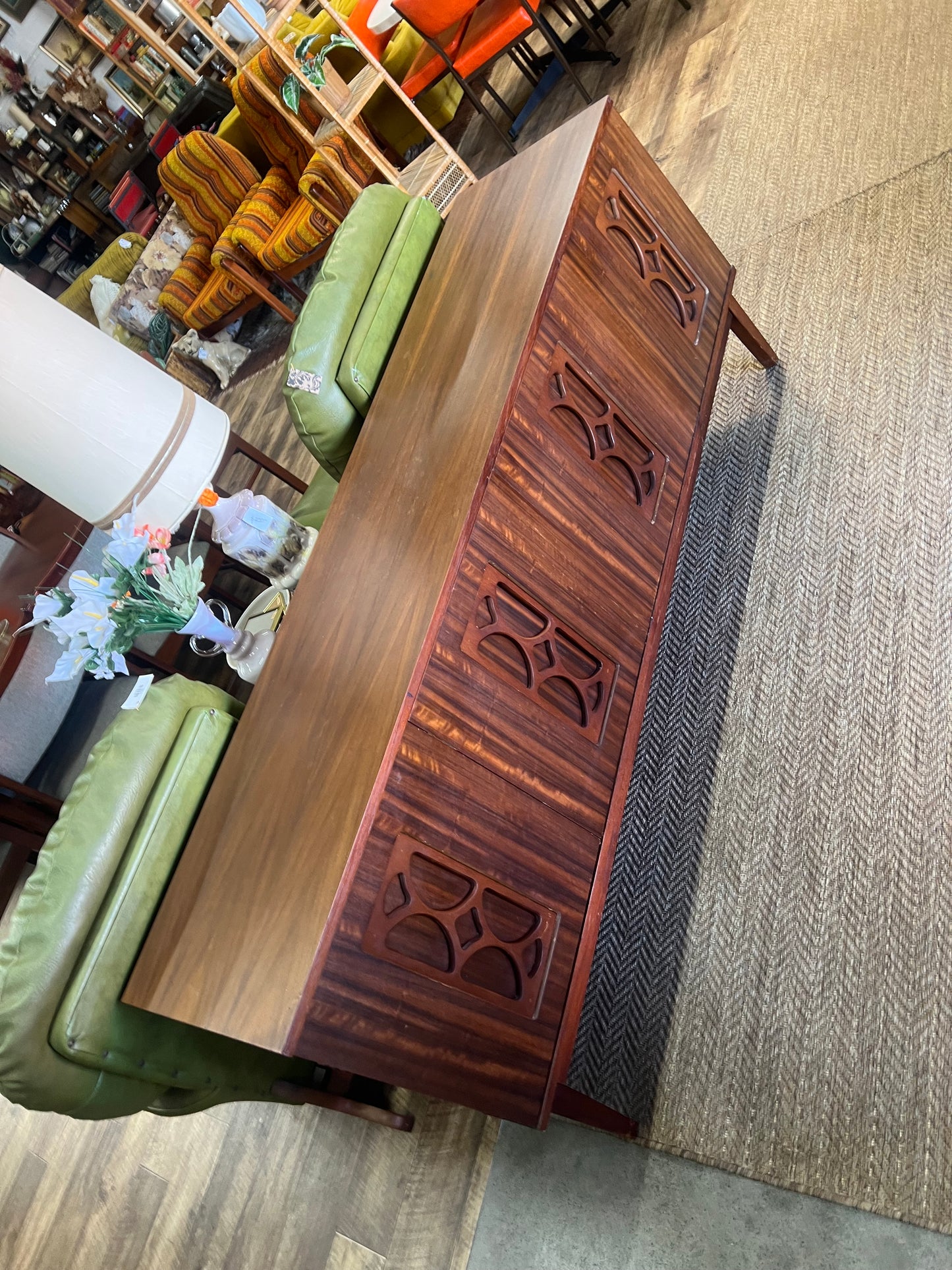 Avalon Mid Century Walnut Sideboard / Buffet Cabinet with Carved Doors