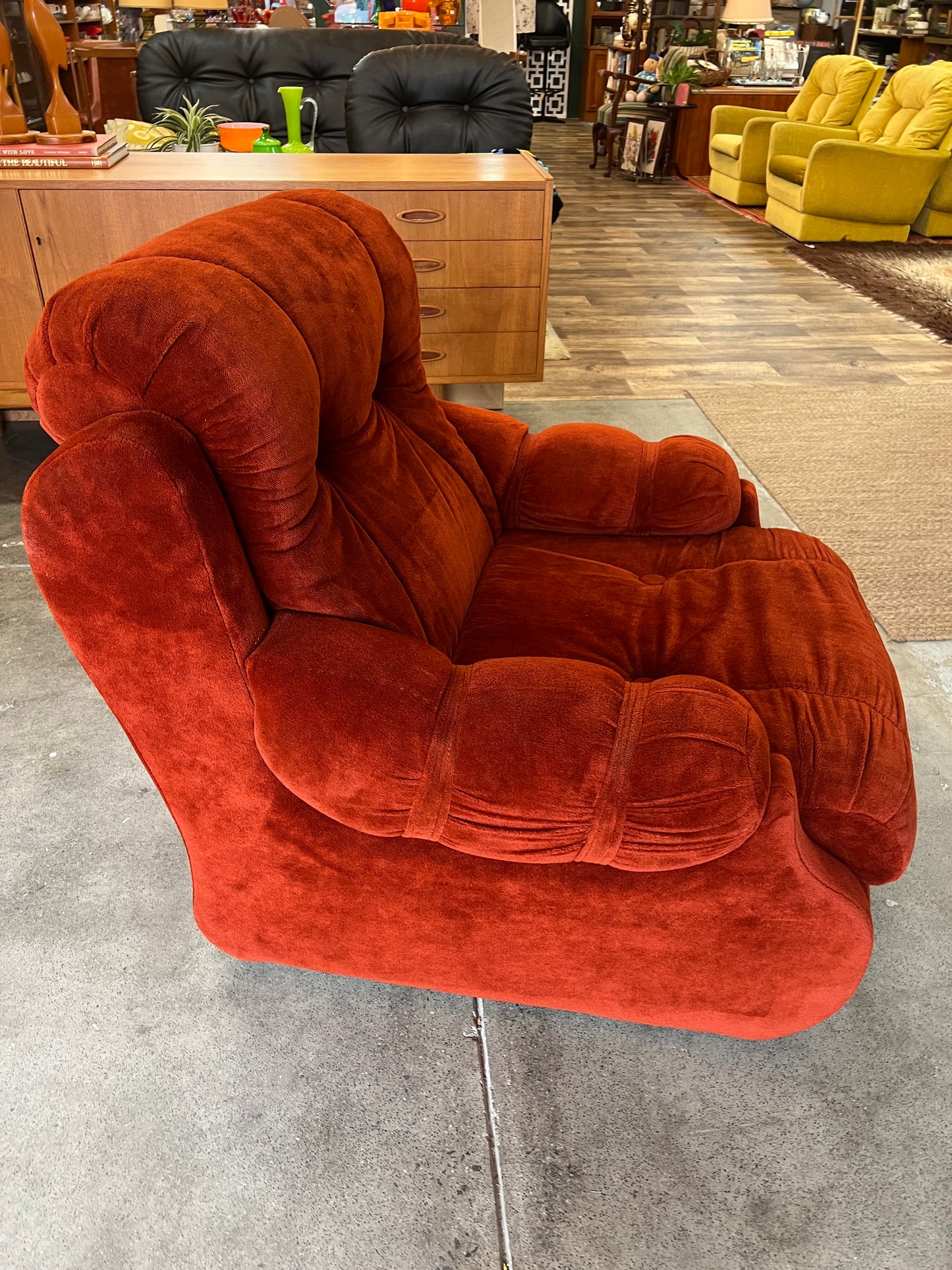 Rust Red Velvet Lounge Chair – Retro Plush Armchair, 1970s
