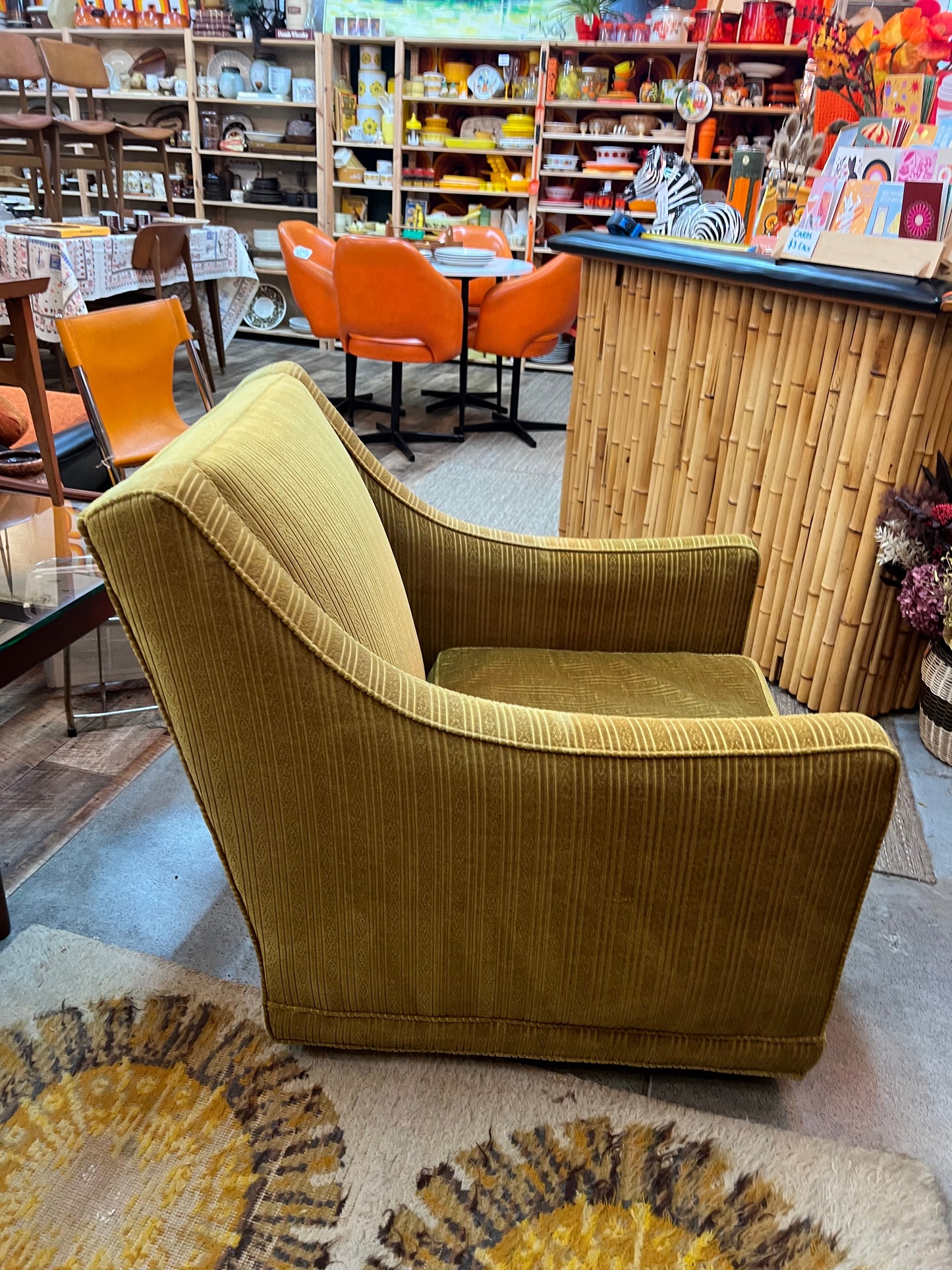 #1 Olive Green Armchair  with stripe patterned upholstery