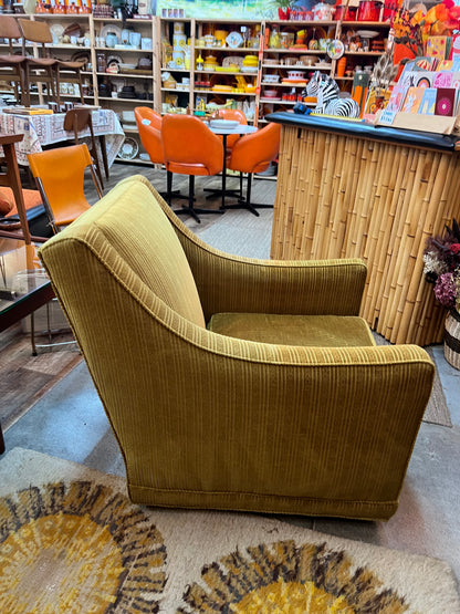 #1 Olive Green Armchair  with stripe patterned upholstery