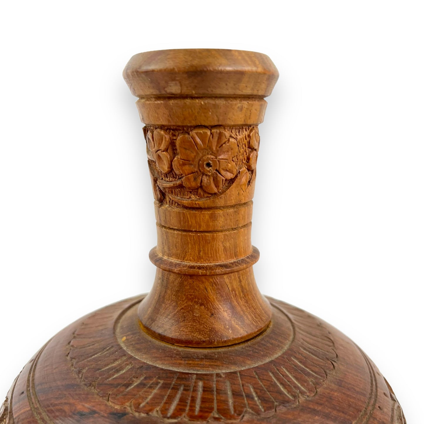 Wooden flower carved skinny neck vase