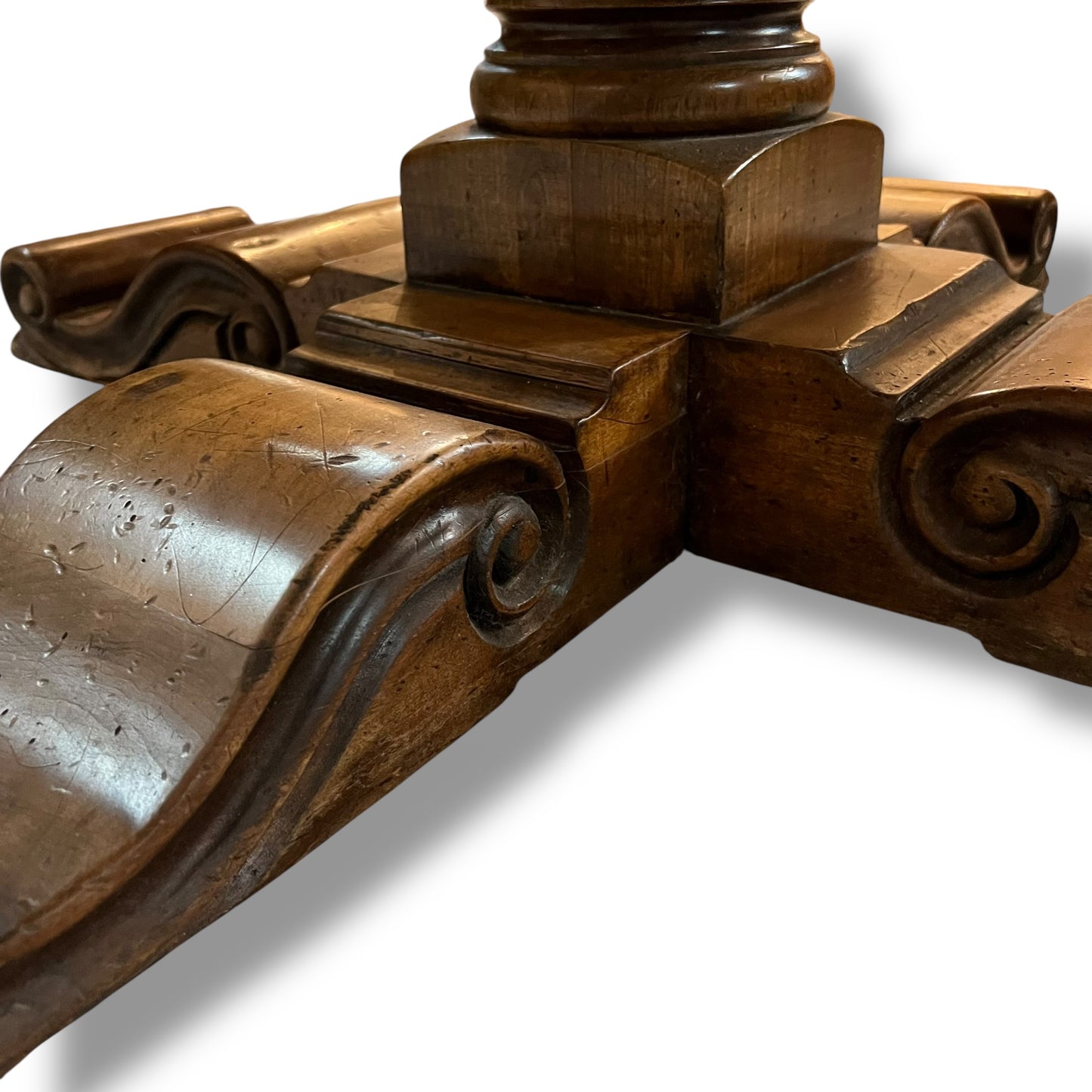 Round Parquetry Dining Table with Carved Scroll Base